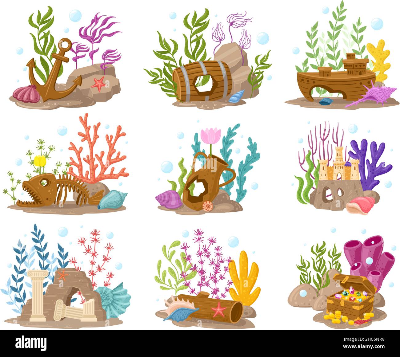 Cartoon Aquarium Dekorationen, Meeresalgen, Korallen und Steine. Unterwasseraquarium Zubehör Kompositionen Vektor Illustration Set. Aquarien Stock Vektor