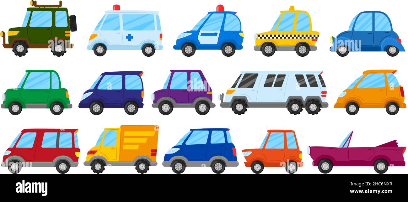 Cartoon Kinder Spielzeug Autos, niedlich spielen Transport. Kinder Spielzeug Auto, LKW, Krankenwagen und Polizei Auto Vektor Illustration Set. Kindisch bunte Fahrzeuge Stock Vektor