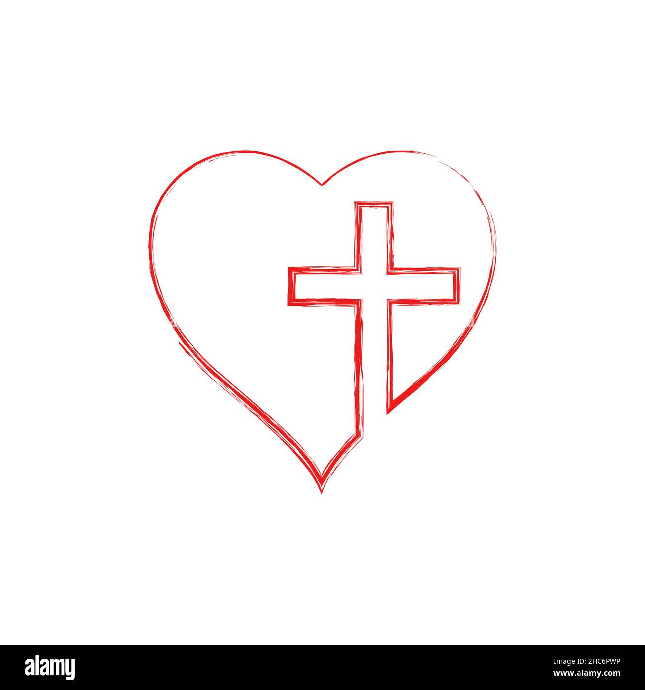 Christliches Kreuzzeichen im Herzen innen. Fortlaufende Linienzeichnung. Flache isolierte christliche Illustration, biblischer Hintergrund. Stockfoto
