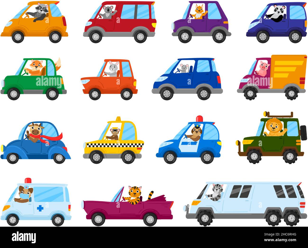 Niedliche Cartoon-Tierfahrer auf Spielzeugautos, Tier Charakter Laufwerk Spielzeug Transport. Tiere, Löwe, Maus und Waschbär fahren Spielzeug Autos Vektor Illustration Set Stock Vektor