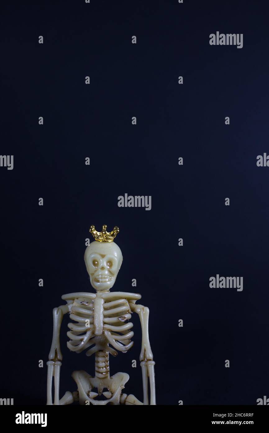 Eine Skelettfigur, die eine goldene Krone auf schwarzem Hintergrund trägt. Stockfoto