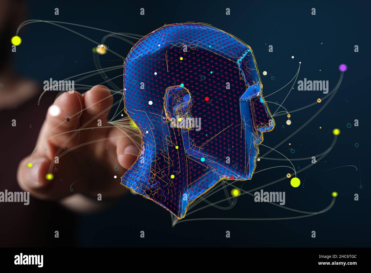 Männliche Hand zeigt auf eine illustrierte künstliche Intelligenz Stockfoto