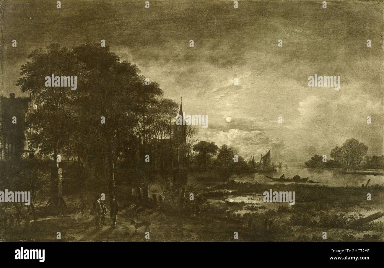 Moonlit River Landscape, Gemälde des niederländischen Künstlers Aert van der Neer, München 1897 Stockfoto