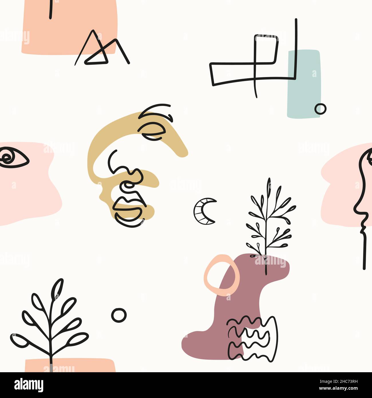 SeaNahtloses Muster aus abstrakten Formen, Linien, Bäumen und Gesichtern im Linienkunststil. Stock Vektor