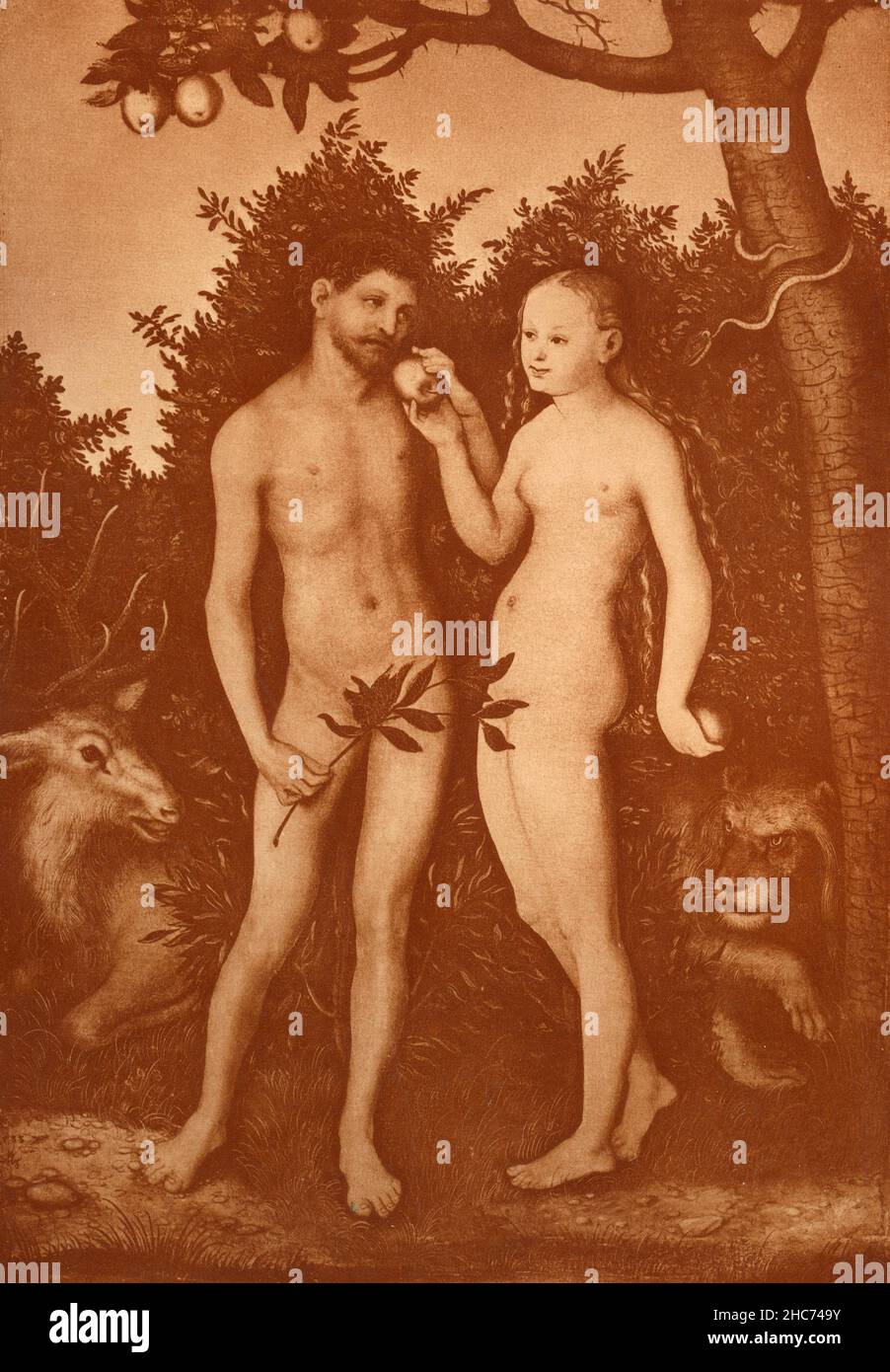 Adam und Eva im Paradies, Gemälde des deutschen Künstlers Lucas Cranach, München 1897 Stockfoto
