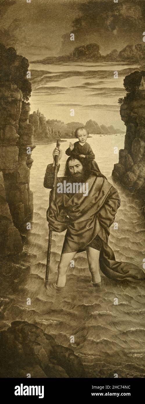 Heiliger Christophorus trägt das Jesuskind. 3. Jahrhundert. Farbige Gravur.  des 19. Jahrhunderts Stockfotografie - Alamy