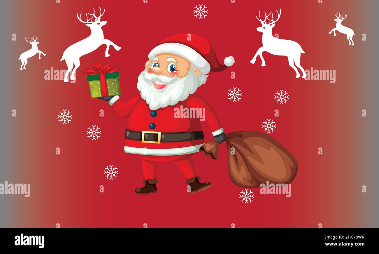 Frohe Weihnachten und Frohes neues Jahr. Das Rentier des Weihnachtsmanns mit einem Sack von Geschenken in der Weihnachtsschneeszene. Vektorgrafik Grußkarte Poster Stock Vektor