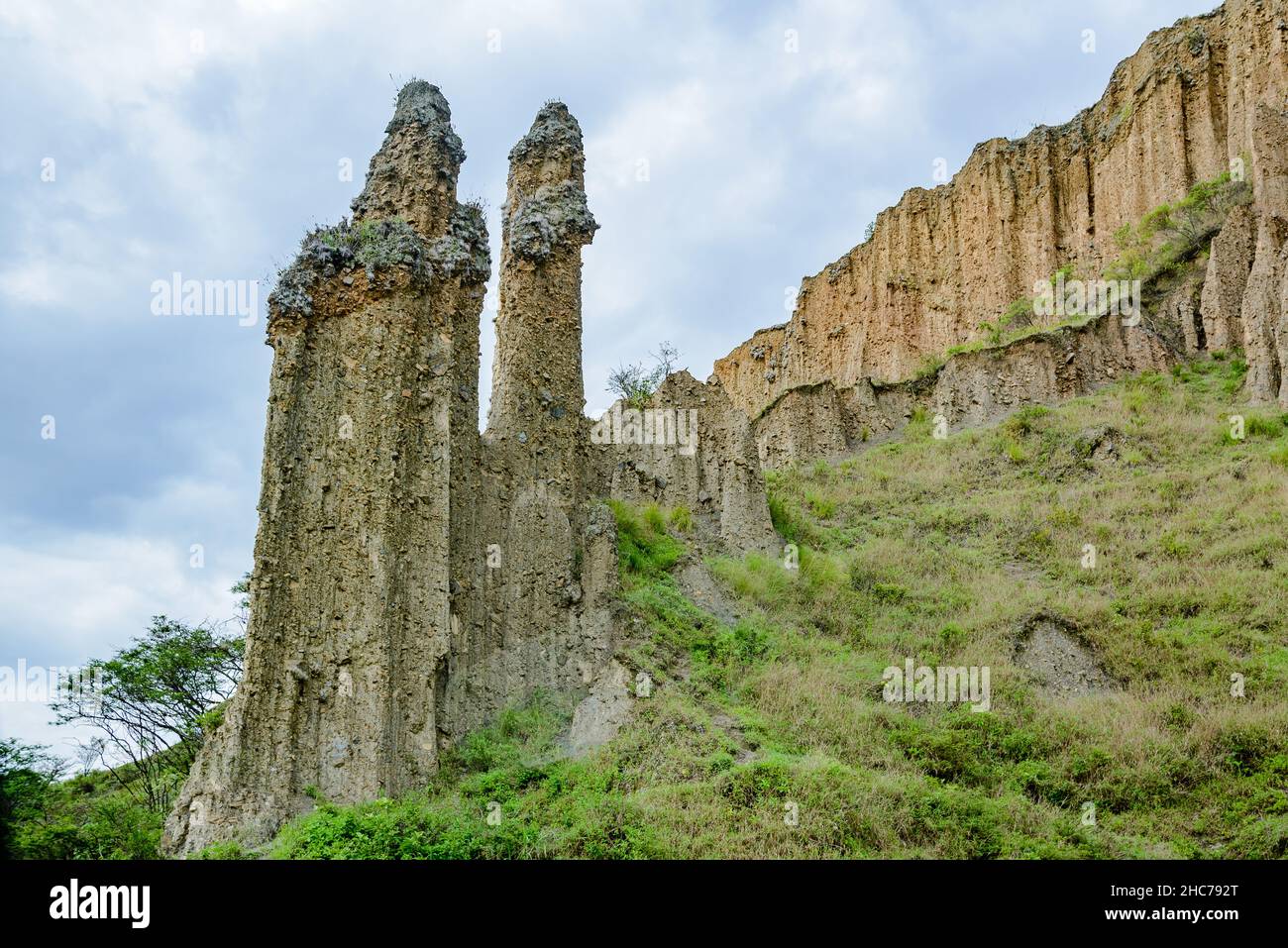 Die Erosion führte zu einer zerklüfteten Landschaft aus Sedimentgesteinen. Podocarpus National Park, Yangana, Loja, Ecuador, Südamerika. Stockfoto