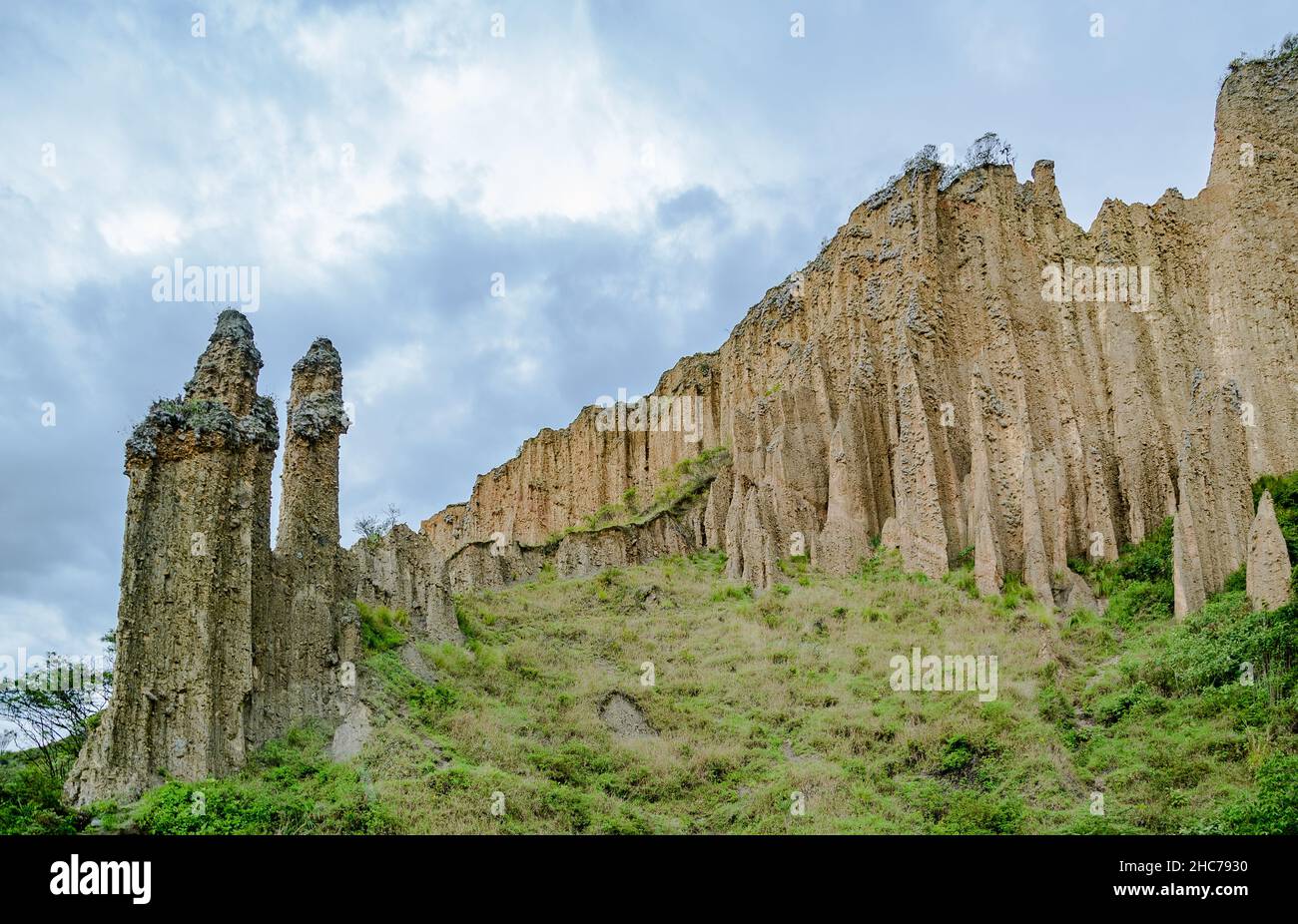 Die Erosion führte zu einer zerklüfteten Landschaft aus Sedimentgesteinen. Podocarpus National Park, Yangana, Loja, Ecuador, Südamerika. Stockfoto