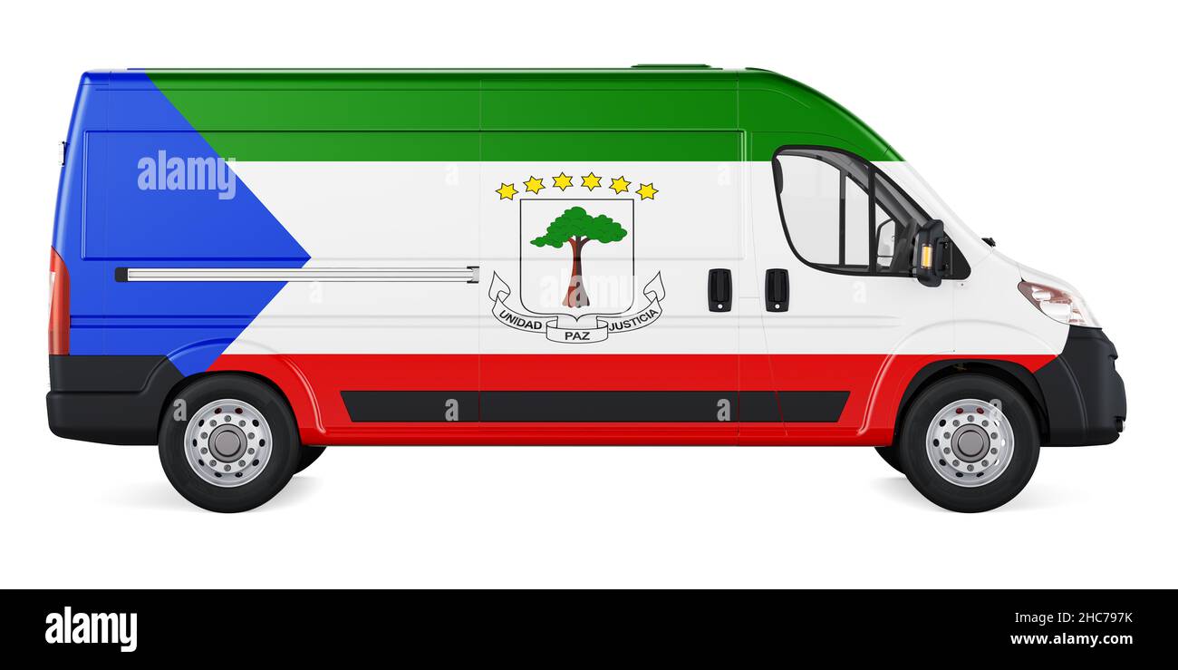 Äquatoguineanische Guinea-Flagge auf kommerziellem Lieferwagen gemalt. Frachtlieferung in Äquatorialguinea, Konzept. 3D Rendering isoliert auf weißem Backgroun Stockfoto