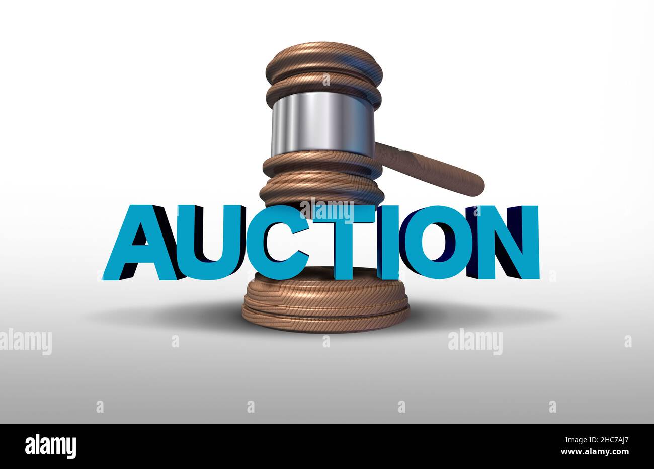 Auktionskonzept und Auktionator-Symbol als Gebotsidee oder Immobilienverkauf-Symbol mit einem Auktionshammer als Illustration von 3D. Stockfoto