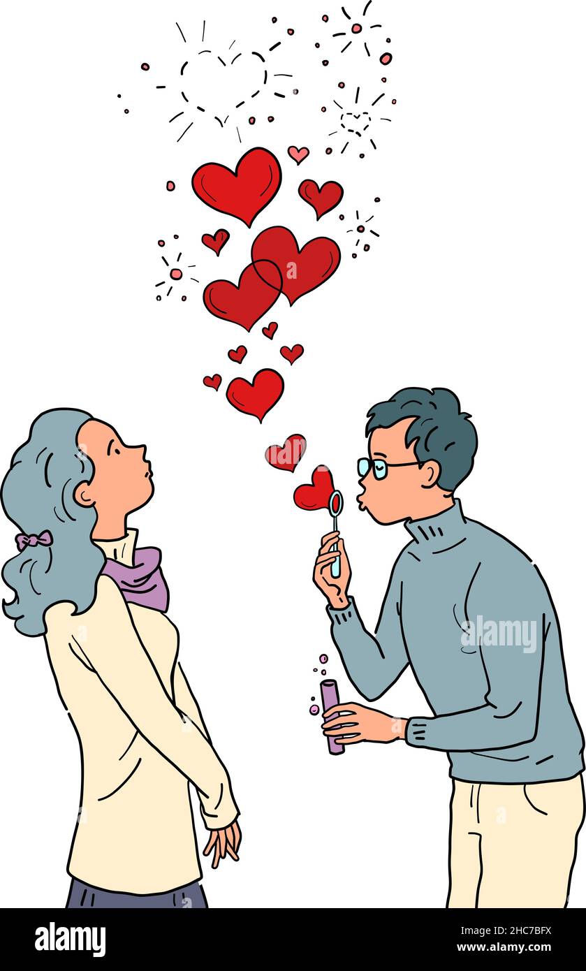 Ein junger Mann und ein Mädchen, die sich in Valentinstag und Seifenblasen verliebt haben Stock Vektor