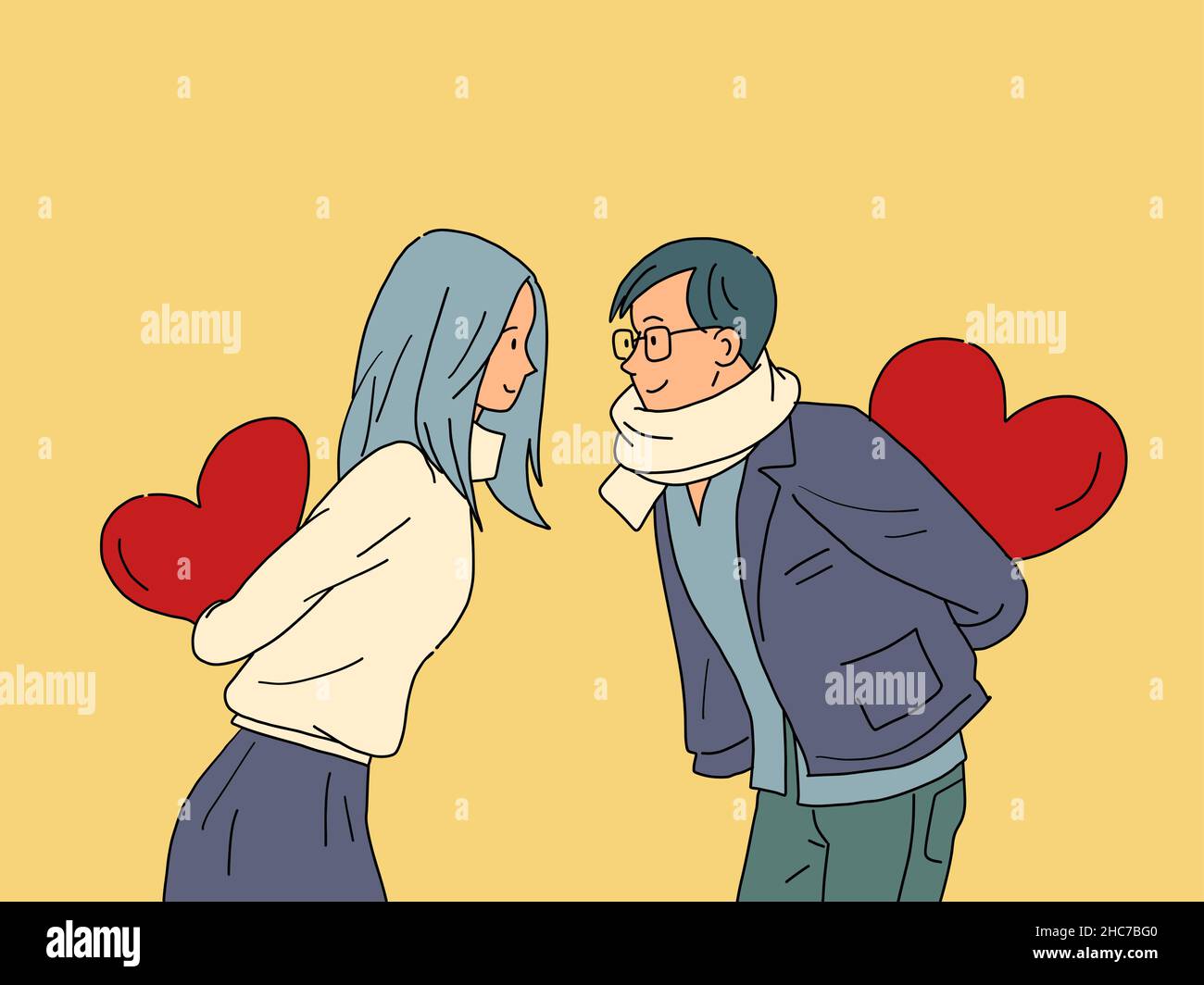 Ein junger Mann und ein Mädchen, die in die Valentinstag verliebt sind, eine Überraschung Stock Vektor