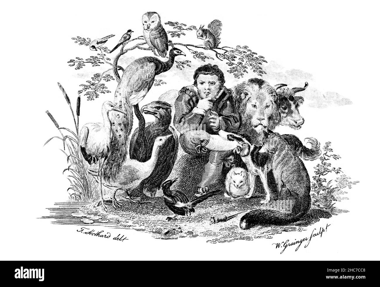 Gravierte Frontspiez-Illustration der ersten Ausgabe von Stockdale’s Aesop’s Fables von 1793, gezeichnet von Thomas Stothard, gestochen von William Grainger Stockfoto