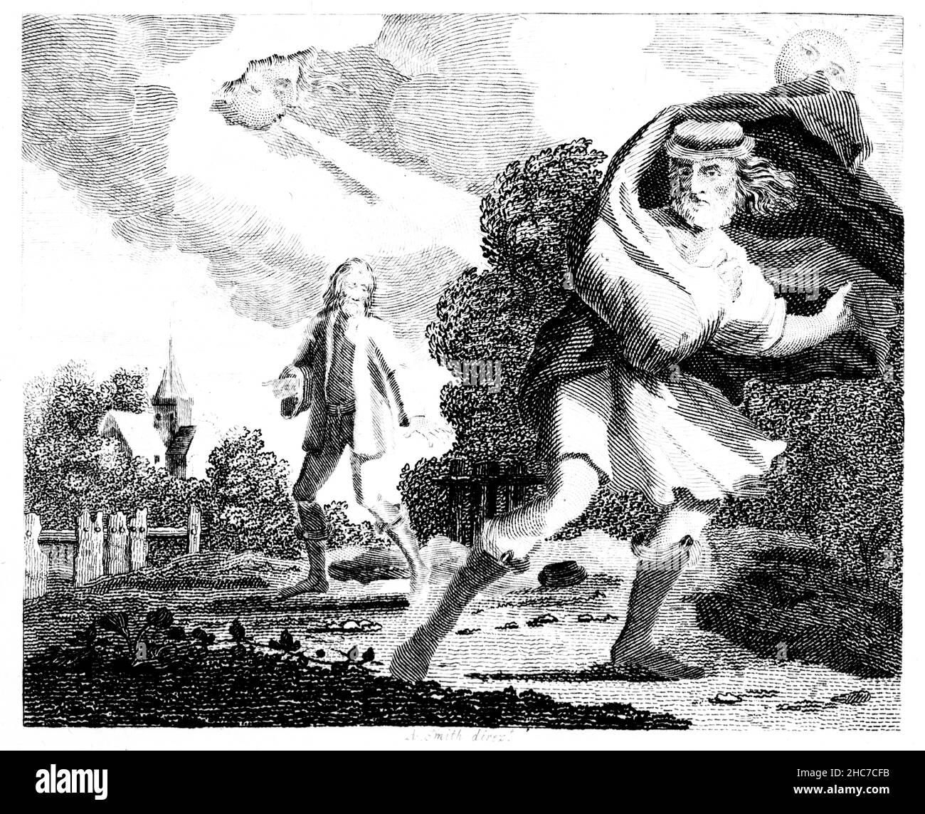 Eingravierte Illustration von Wind und Sonne, mit der moralischen, manchmal sanften Überzeugung ist besser als Kraft, aus der ersten Ausgabe von Stockdale von 1793 Stockfoto