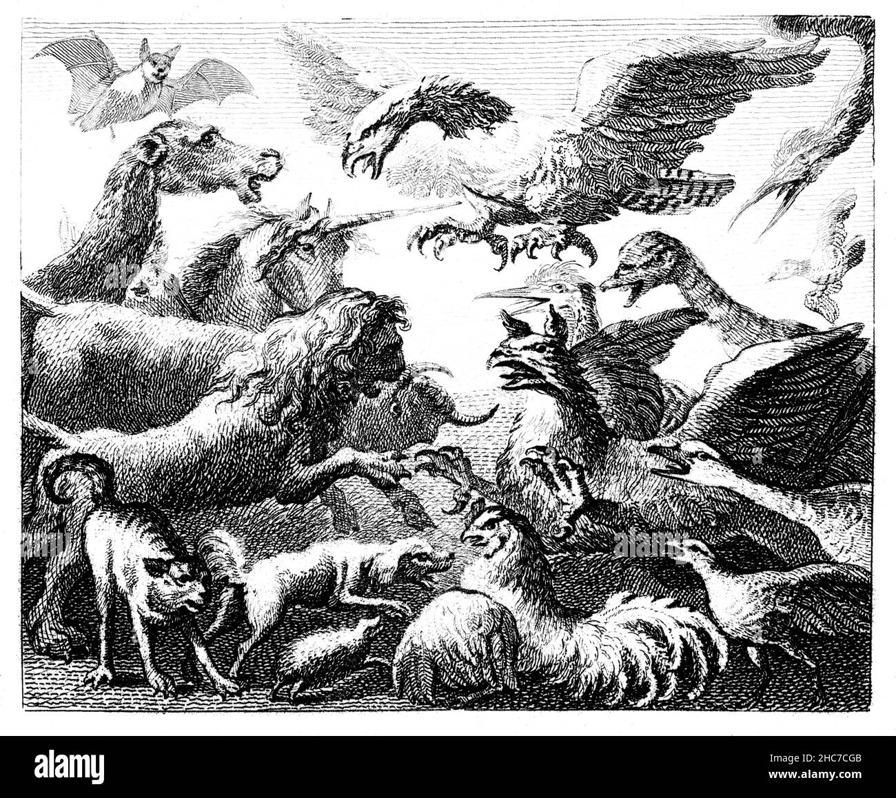 Eingravierte Illustration der Vögel die Tiere und der Fledermaus, mit der Moral, er, der weder das eine noch das andere ist, hat keine Freunde, von 1793 zuerst Stockfoto