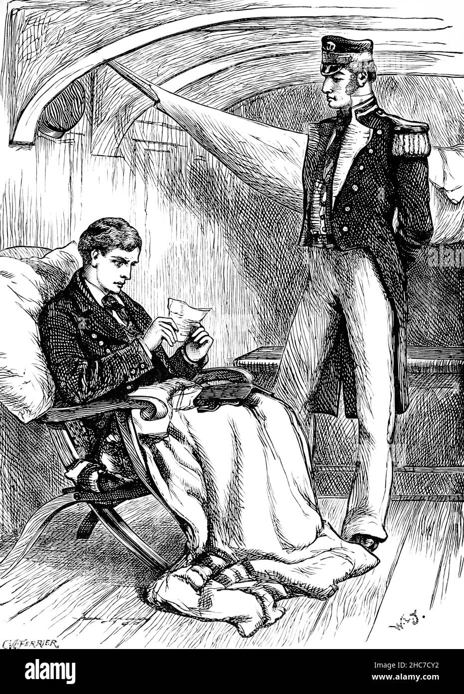 1887 Illustration der Botschaft des Reisenden an Bord eines viktorianischen Migranten-Schiffes nach Neuseeland in Daddi Crips’ Waifs, Kinderbuch von Alexander A. Stockfoto