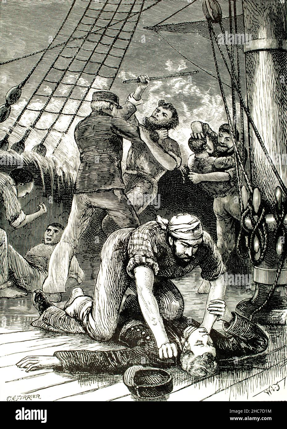 1887 Illustration der Meuterei an Bord eines Migrantenschiffs nach Neuseeland in Daddi Crips’ Waifs, Kinderbuch von Alexander A Fraser, veröffentlicht 1904 bei Relig Stockfoto