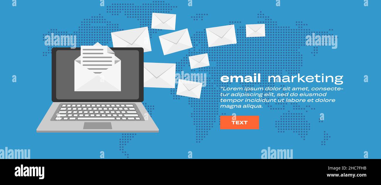 E-Mail-Marketing-Banner auf dem Laptop-Bildschirm mit Umschlägen auf der Rückseite. Vektorgrafik EPS10. Stock Vektor