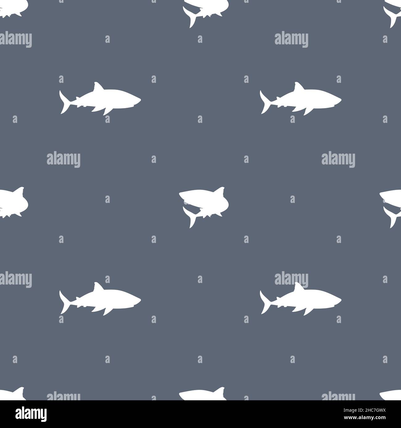 Weiße Silhouette Haie nahtloses Muster auf blauem Hintergrund. Einfache monochrome, endlose Vektordarstellung Stock Vektor