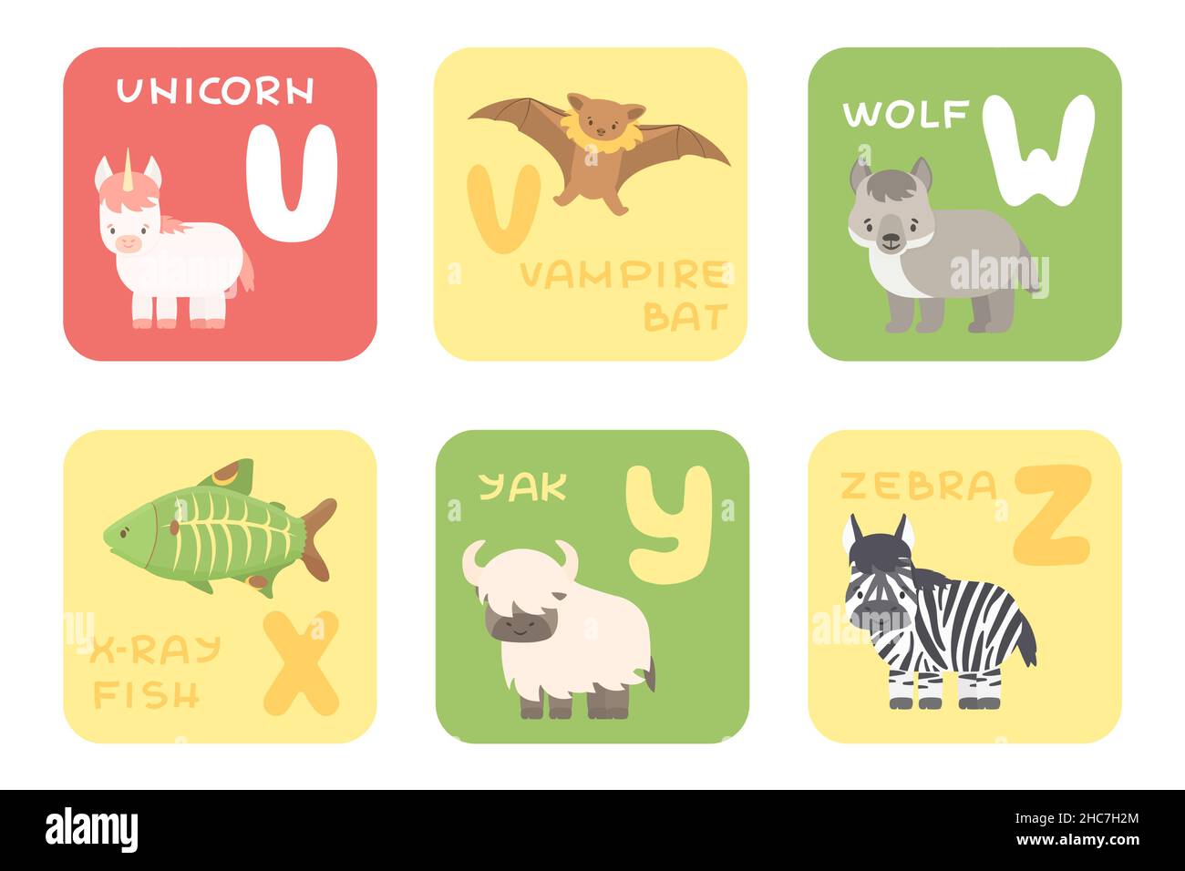 Niedliche Vektor U-Z Zoo flach Alphabet isolierte Bildungskarten mit Cartoon-Tiere. Einhorn, Vampirfledermaus, Wolf, Röntgenfisch, Yak, zebratiere, flacher Stil Stock Vektor