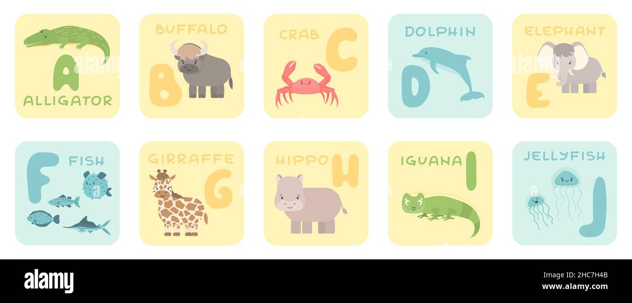 Niedliche A-J-Alphabet-Karten mit Cartoon Regenwald Dschungel afrikanische Tiere. Illustrationen zum Vektorzoo. Alligator, Büffel, Krabben, Delphin, Fisch, Giraffenhüte Stock Vektor