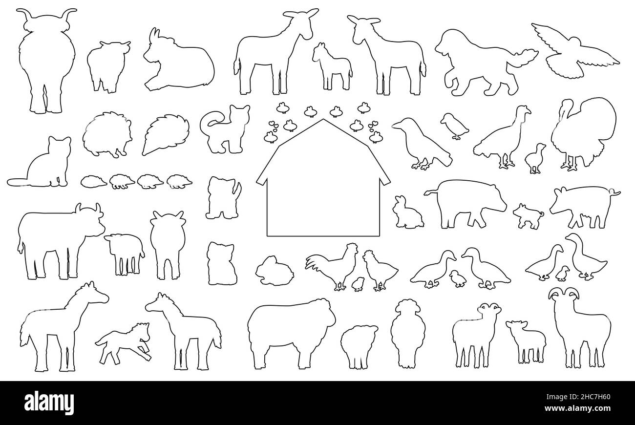 Große Reihe von Doodle Silhouette Cartoon Bauernhof Tiere Symbole. Vector Sammlung von Esel Gänse Kuh Stier Schwein Schwein Huhn Huhn Hahn Ziege Schaf Ente Pferd Stock Vektor