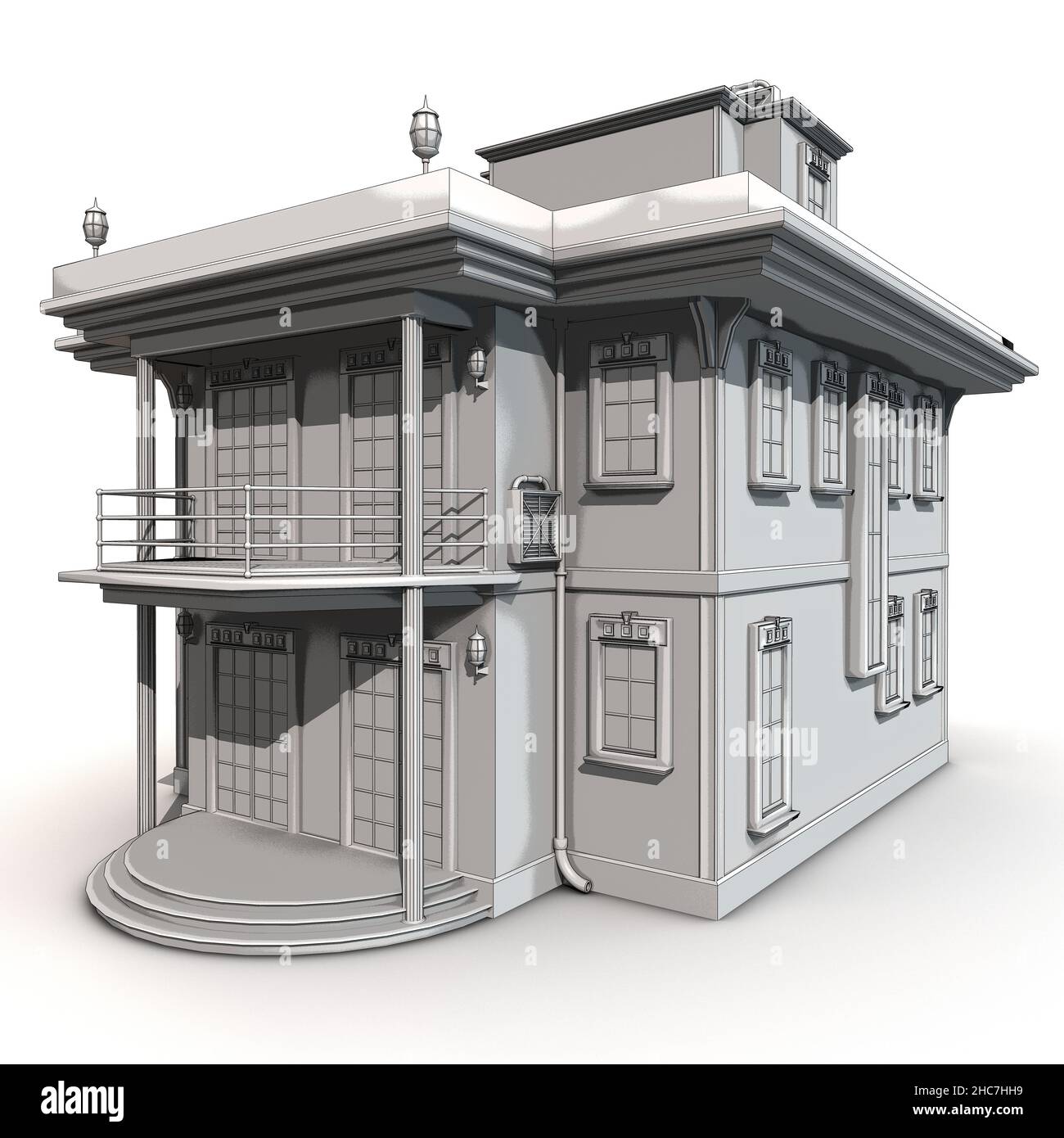3D Darstellung eines zweistöckigen Hauses isoliert auf weißem Hintergrund Stockfoto