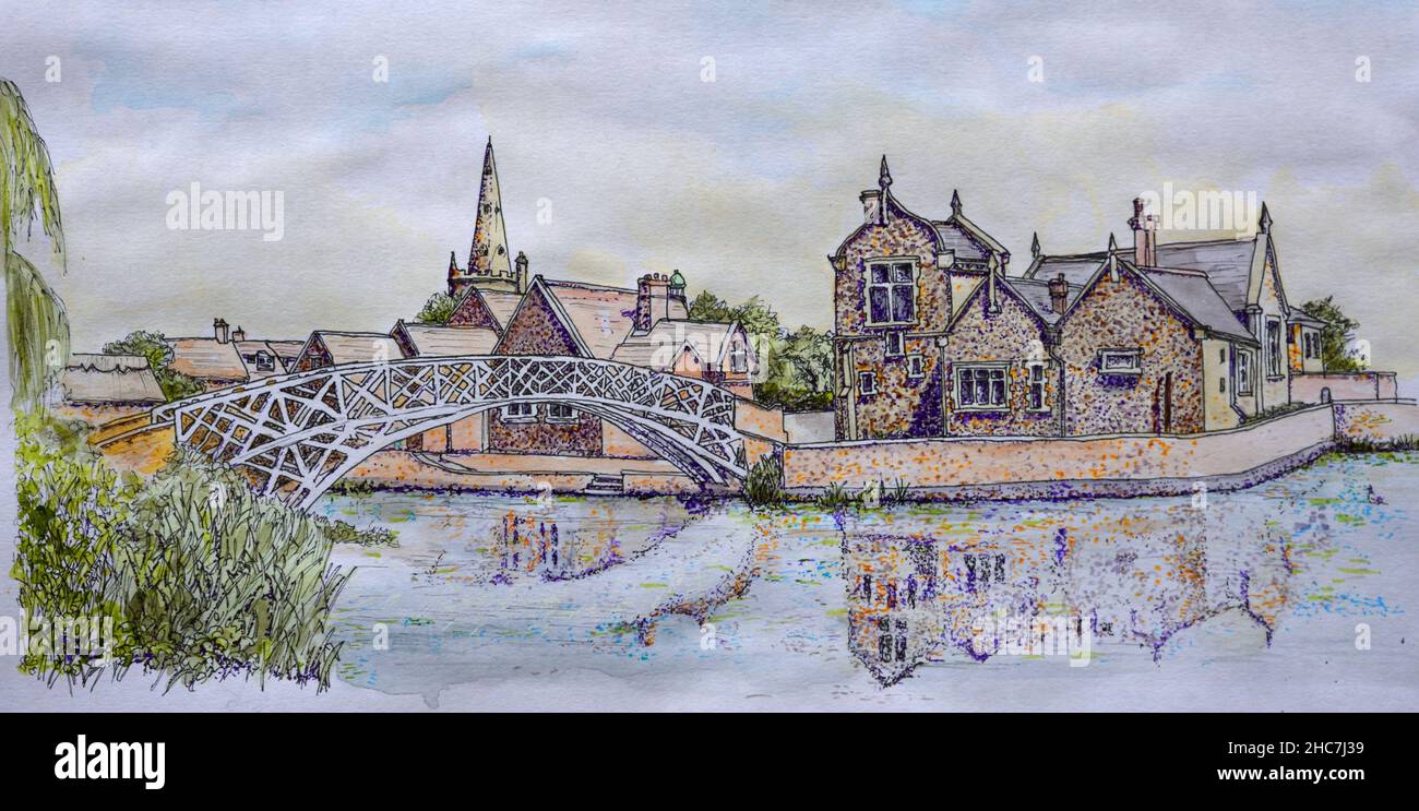 Tusche und Aquarell Pointillistenstil Malerei der chinesischen Brücke und Causeway in Godmanchester Cambridgeshire. Stockfoto