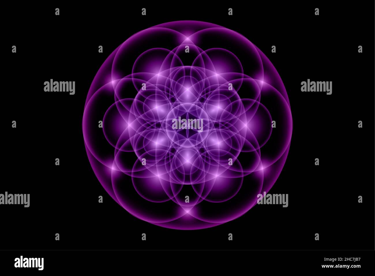 Samen des Lebens, Heilige Geometrie, Blume des Lebens, Lichtlogo Symbol für Harmonie und Gleichgewicht, leuchtender geometrischer Ornament, violetter Lotusvektor isoliert Stock Vektor