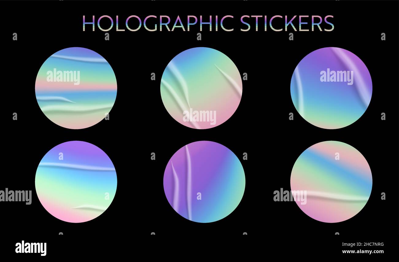 Holographisches Sticker-Set. Geometrische Formen Label mit Regenbogen Hologramm und Falten. Vektorelemente für modernes Trenddesign. Stock Vektor