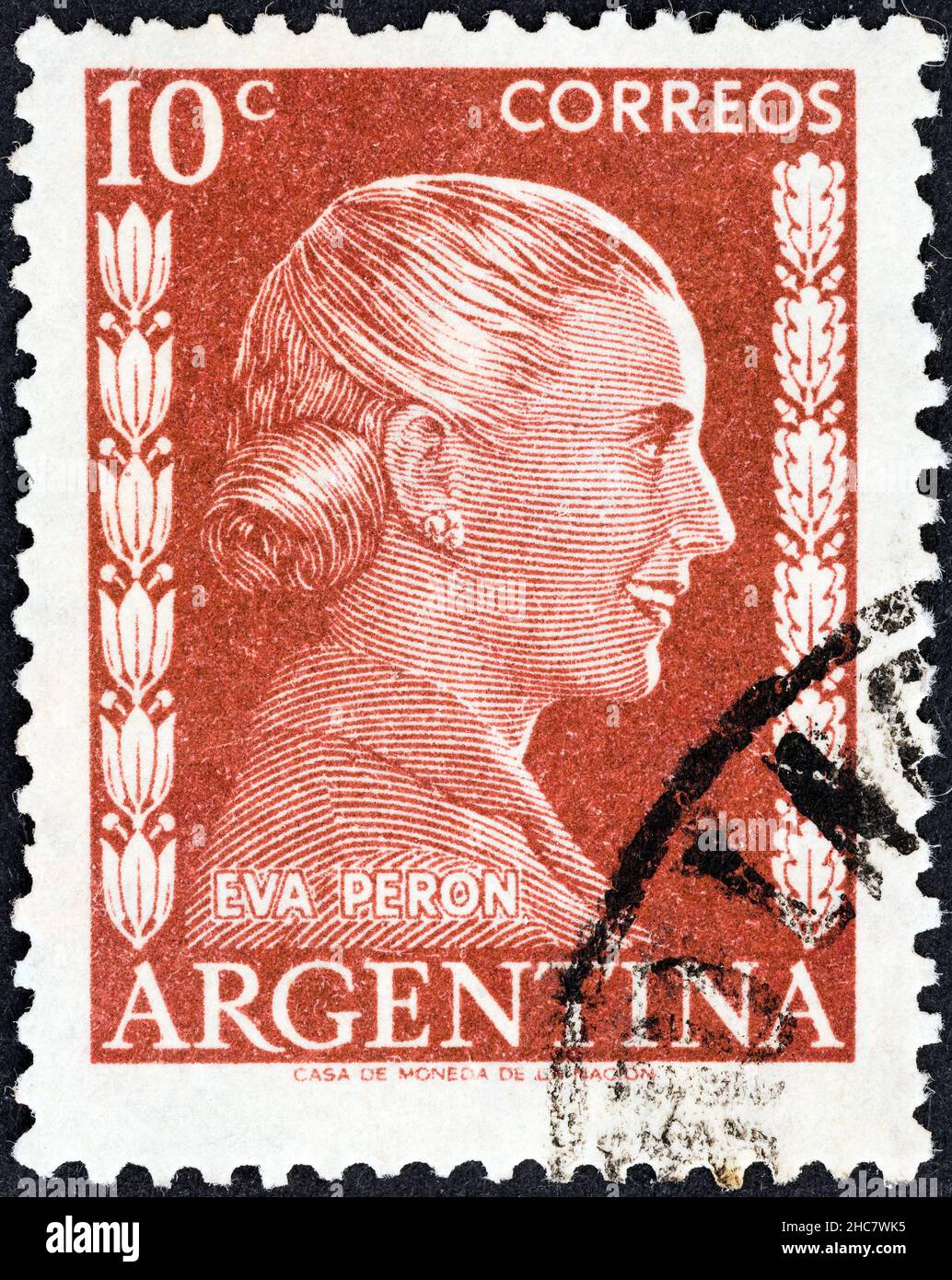 ARGENTINIEN - UM 1952: Eine in Argentinien gedruckte Briefmarke zeigt Eva Peron, um 1952. Stockfoto