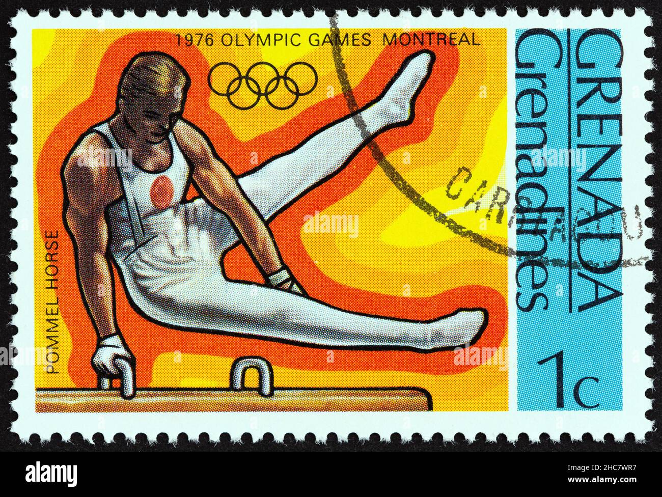 GRENADINEN VON GRENADA - UM 1976: Eine in Grenada gedruckte Marke aus der Ausgabe 'Olympic Games, Montreal' zeigt Pommel Horse, um 1976. Stockfoto