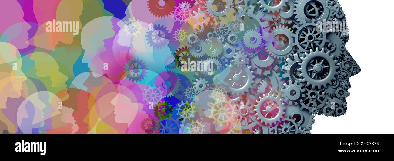 Leadership Leader Business Teamwork Erfolgsmetapher als Symbol für das Unternehmenswachstum und das Konzept mit einem mechanischen Rad führen 3D Illustration. Stockfoto