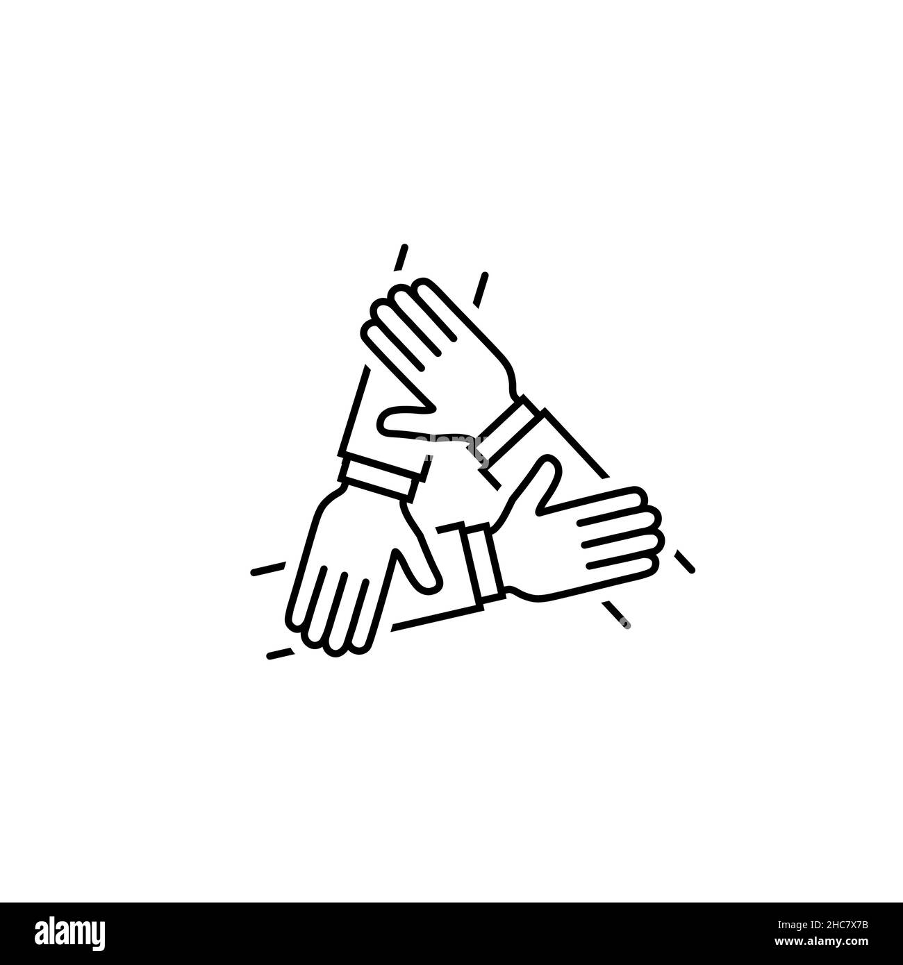 Drei Hände unterstützen sich gegenseitig Vektor-Symbol. Teamwork Symbol einfaches Partnerschaftszeichen isoliert auf weißem Hintergrund. Abstraktes Kooperations-Icon in schwarz M Stock Vektor