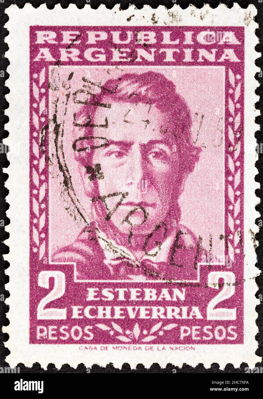 ARGENTINIEN - UM 1957: Eine in Argentinien gedruckte Briefmarke zeigt den Dichter Esteban Echeverria (1805-1851), um 1957. Stockfoto