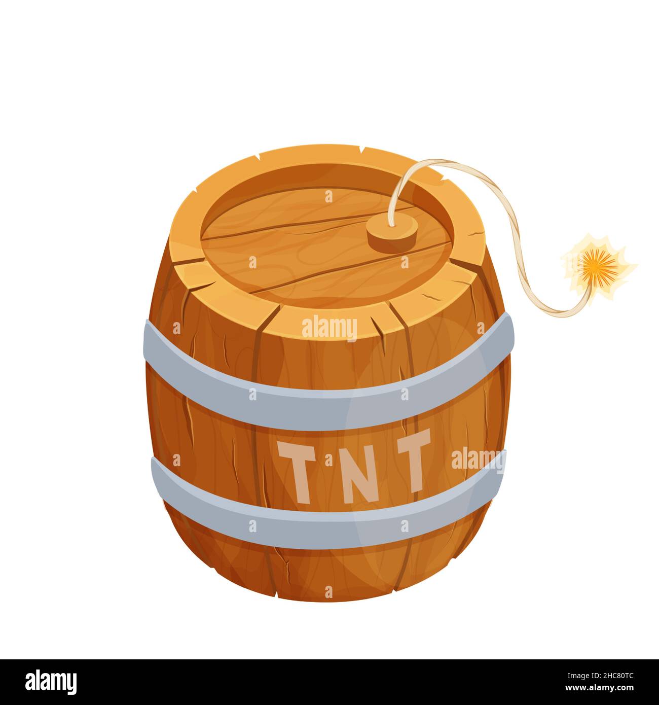 TNT Holzfass mit Detonator im Comic-Stil isoliert auf weißem Hintergrund. Explosive Waffe, Bombe. UI-Spielelement. . Vektorgrafik Stock Vektor