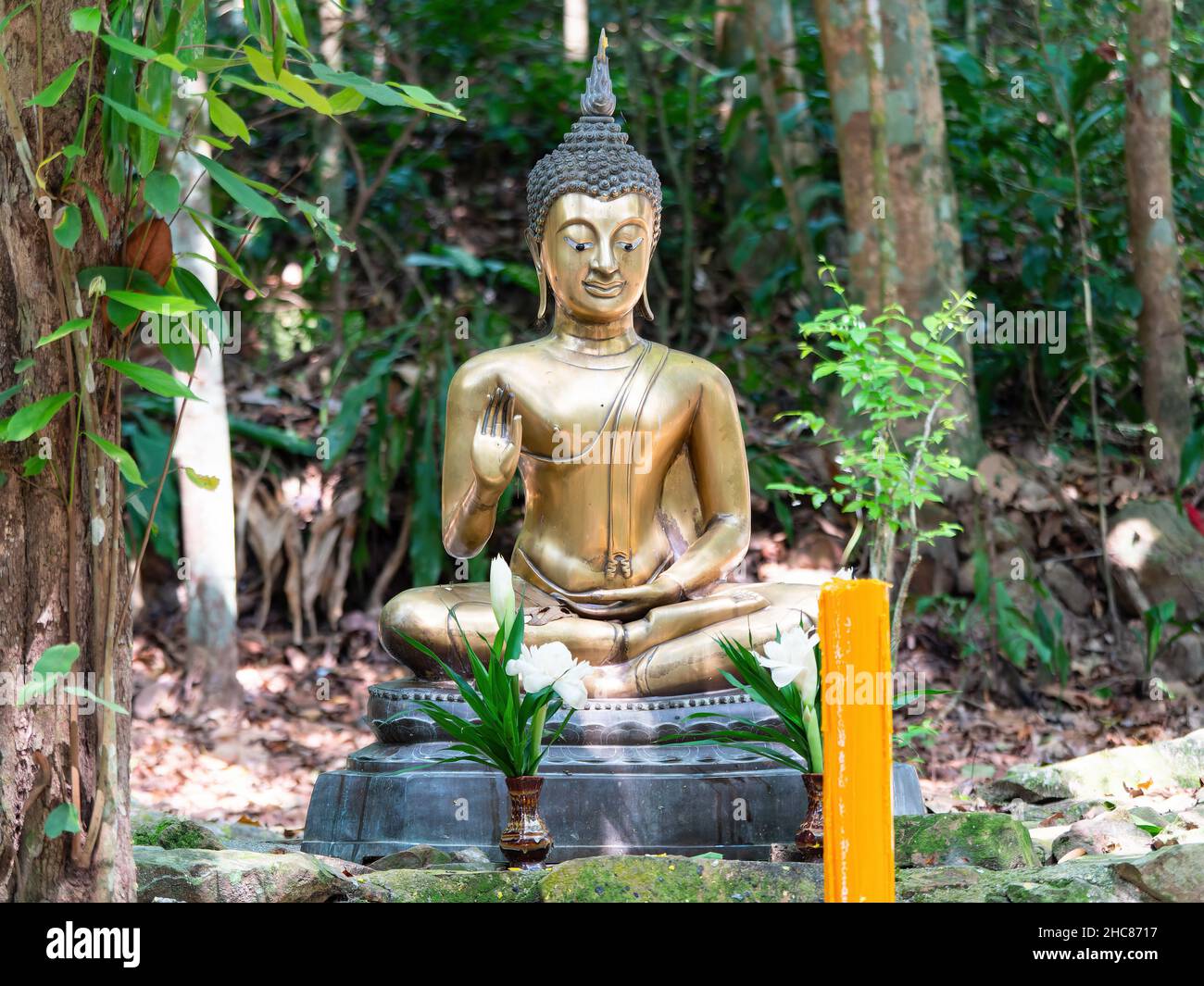 Buddha-Bild im Wald bei Wat Suan Mokkh in der Provinz Surat Thani in Thailand. Wat Suan Mokkh wurde 1932 von Buddhadasa Bhikkhu, A, gegründet Stockfoto