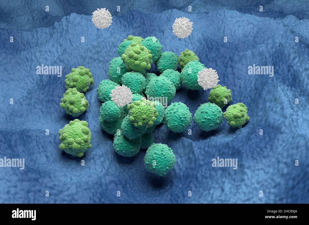 T-Zellen attackieren Lymphom Leukämie Blutkrebszellen 3D Rendering Illustration Stockfoto