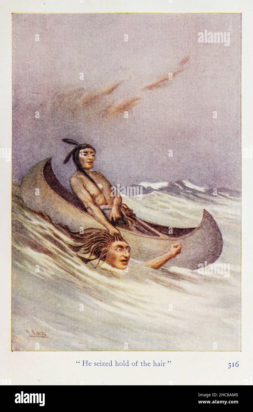 Er ergriff die Haare aus dem Buch „The Myths of the North American Indians“ von Lewis Spence, das 1912 in London von George G. Harrap & Company veröffentlicht wurde Stockfoto