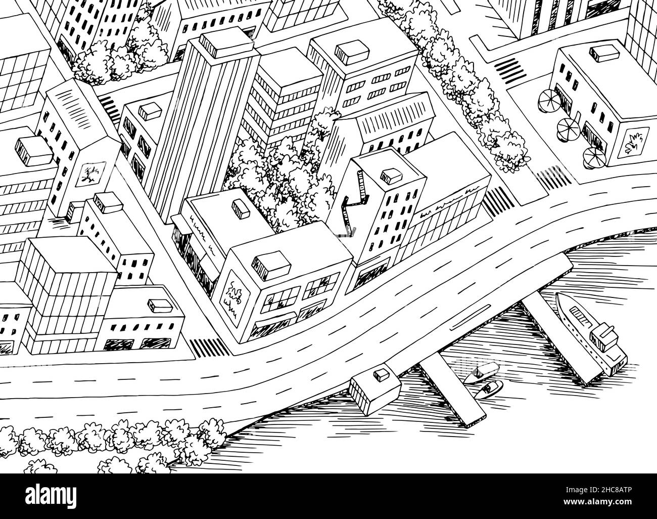 City Draufsicht von oben Luftüberfahrt Straßengrafik schwarz Vektor der weißen Skizzendarstellung Stock Vektor