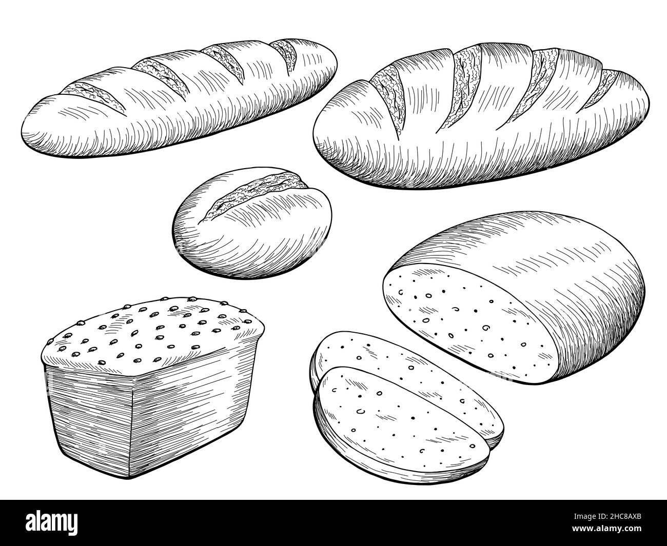 Brot Set Grafik schwarz weiß isoliert Lebensmittel Skizze Illustration Vektor Stock Vektor