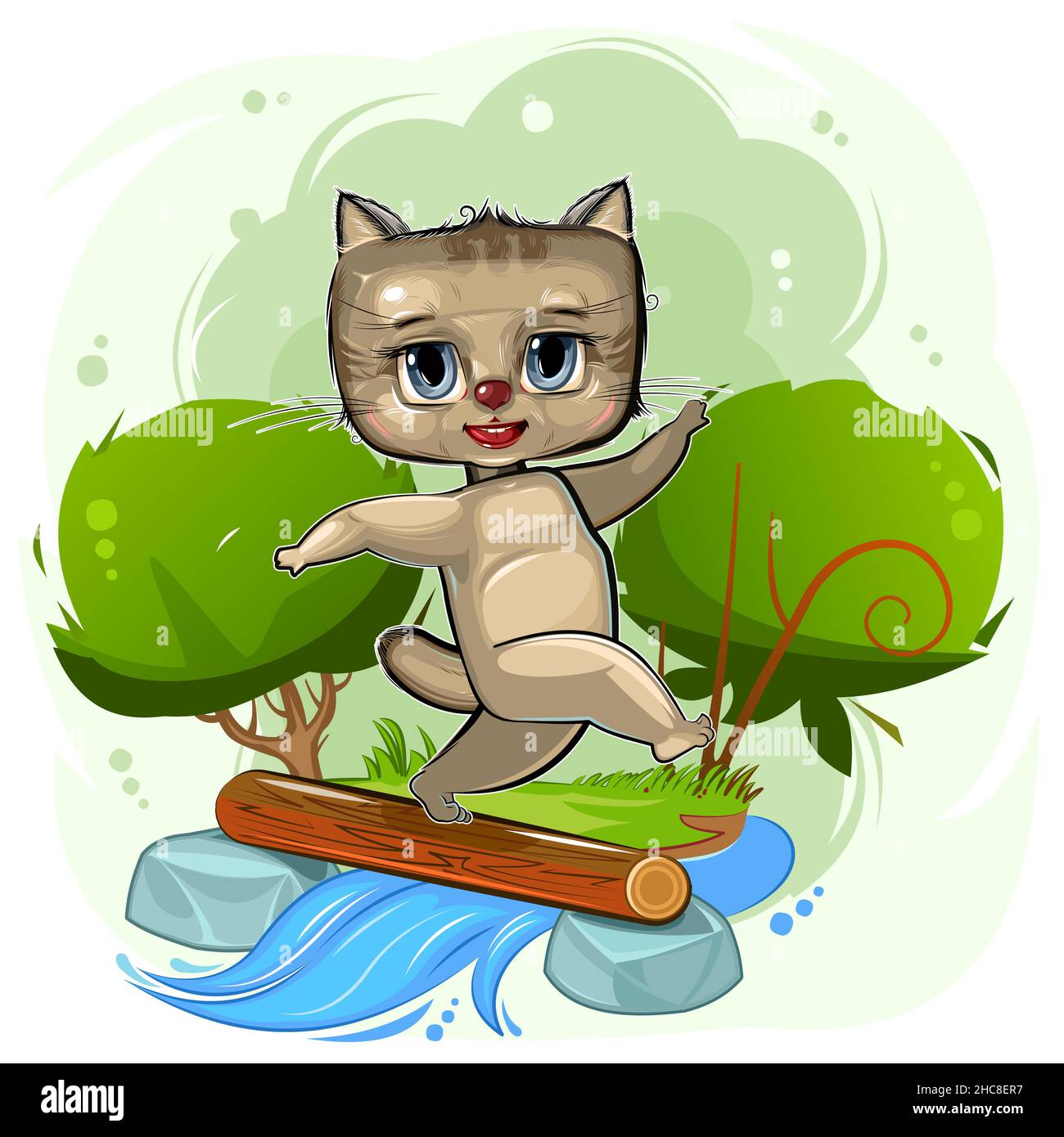 Cute Cartoon Kitten am Fluss. Postkarte für Kinder. Ein lustiges Tier überwindet ein Hindernis. Kindertourismus. Die Abbildung Stock Vektor