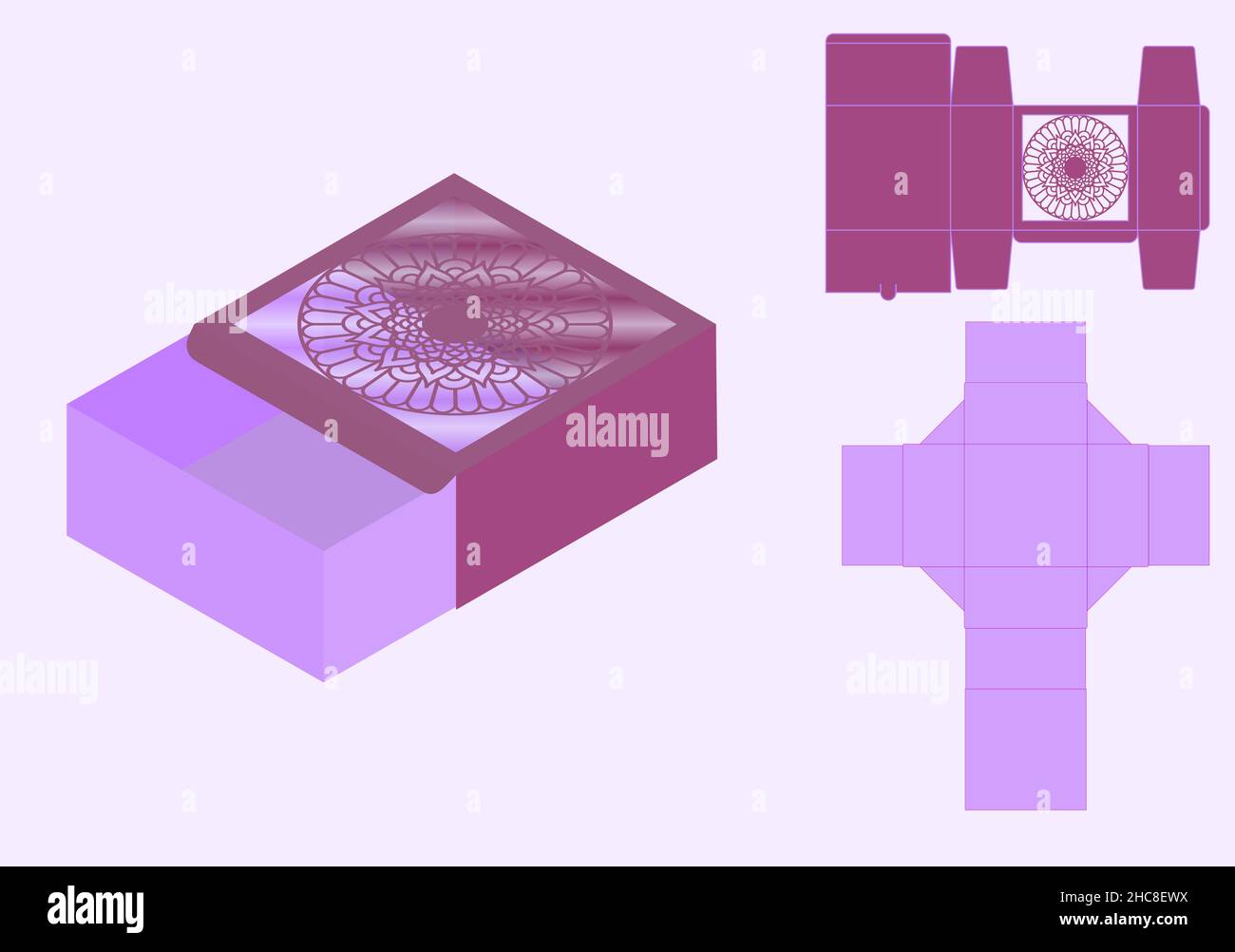Mandala detaillierte Verpackung Box gestanzte Vorlage. Lasergeschnittene Linien. Schnitt- und Faltschachtelvorlage, Selbstverriegelung, Verpackungsdesign, Valentinstag-Geschenkbox. Stock Vektor