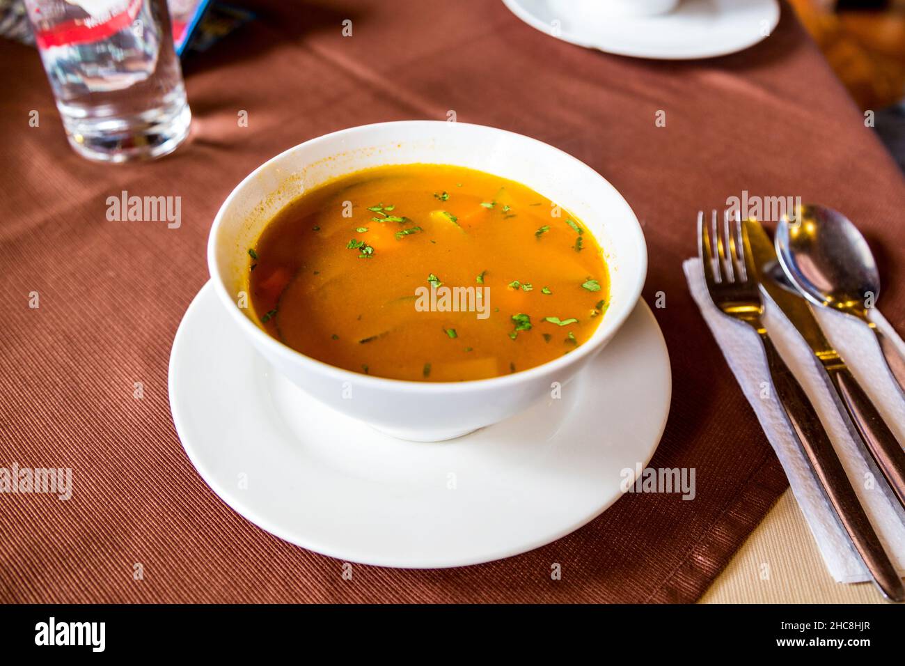 Quinoa-Suppe im Emperador Grill Restaurant, Plaza Kusipata, Cusco, Peru Stockfoto