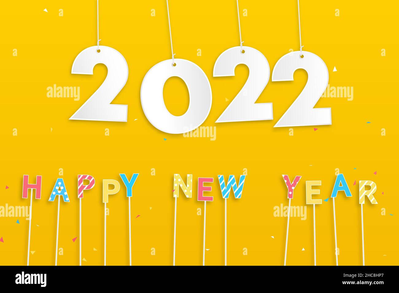 Zahlen 2022 hängen an den Seilen auf gelbem Hintergrund mit buntem fröhlichem Neujahr Text Stock Vektor