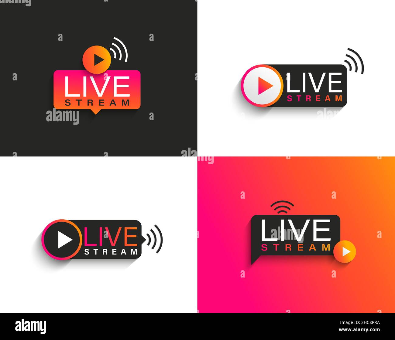 Live-Stream-Symbole und Symbole mit Play-Taste einstellen. Stock Vektor