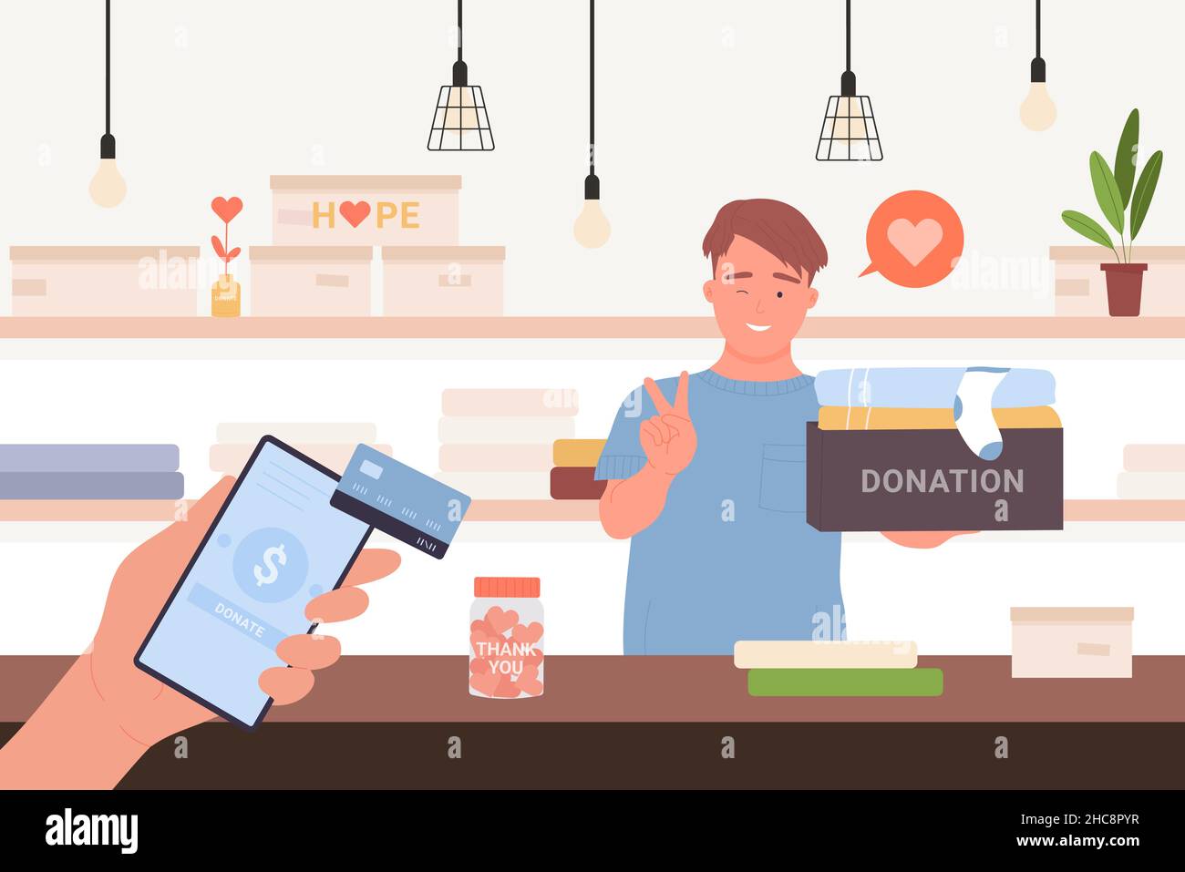 Hand hält das Telefon, um Geld an Fundraising-Organisation durch Handy-App-Vektor-Illustration zu spenden. Cartoon Freiwilliger mit Spendenbox lächelnd, arbeitet im humanitären Dienst. Wohltätigkeitskonzept Stock Vektor