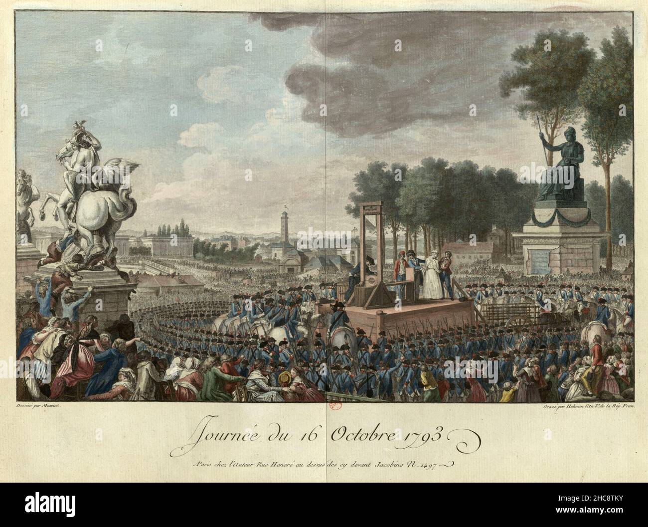 Ein Stich der Hinrichtung von Marie Antoinette am 16th. Oktober 1793 auf dem Place de la Révolution (jetzt Place de La Concorde) Stockfoto