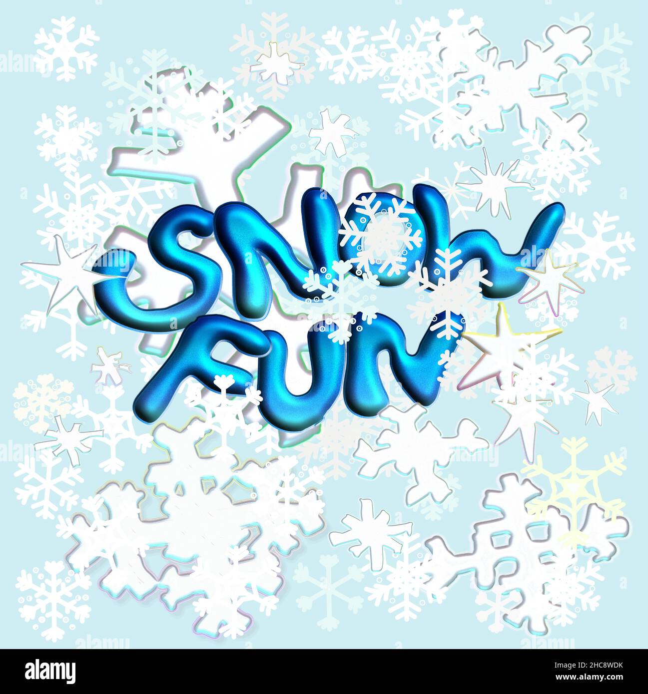 Die Worte 'Snow fun' 3D in blau auf hellblauem Hintergrund. Weiße Schneeflocken. Alle handgezeichnet. Stock Vektor